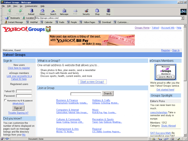 Yahoo! Groups circa July 2001