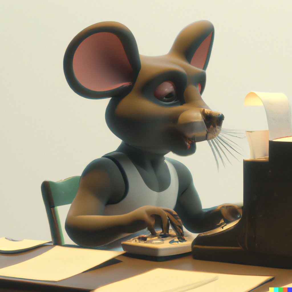 A 3D rendered grey mouse wearing a t-shirt and working on a computer/typewriter hybrid