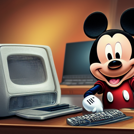a 3D rendering of Mickey Mouse sitting at a retro-like computer monitor and keyboard