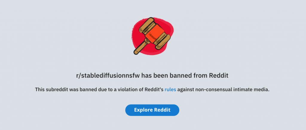 Screenshot of message explaining the "Stable Diffusion NSFW" subreddit was banned for violating Reddit's rules against non-consensual intimate media
