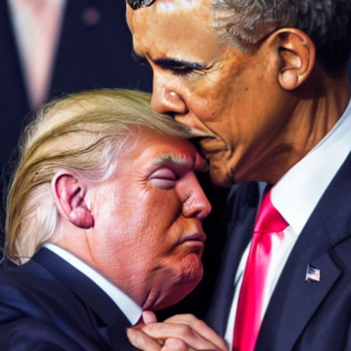 Realistic rendering of Barack Obama kissing a somber Donald Trump's head