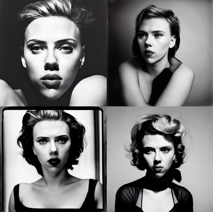 Series of photorealistic black-and-white rendered studio portraits of Scarlett Johansson