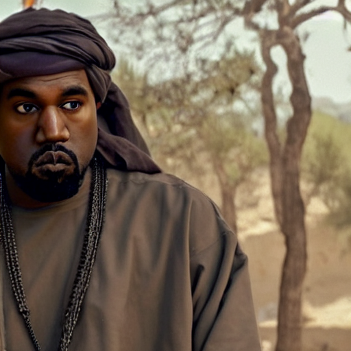 One of a series of rendered photorealistic images of Kanye West wearing a turban and tunic shirt