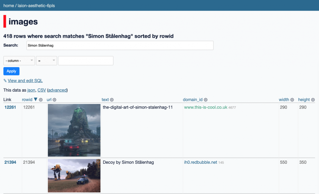 Screenshot of the LAION-Aesthetic data browser, showing results from a search for Swedish artist Simon Stålenhag with thumbnail images