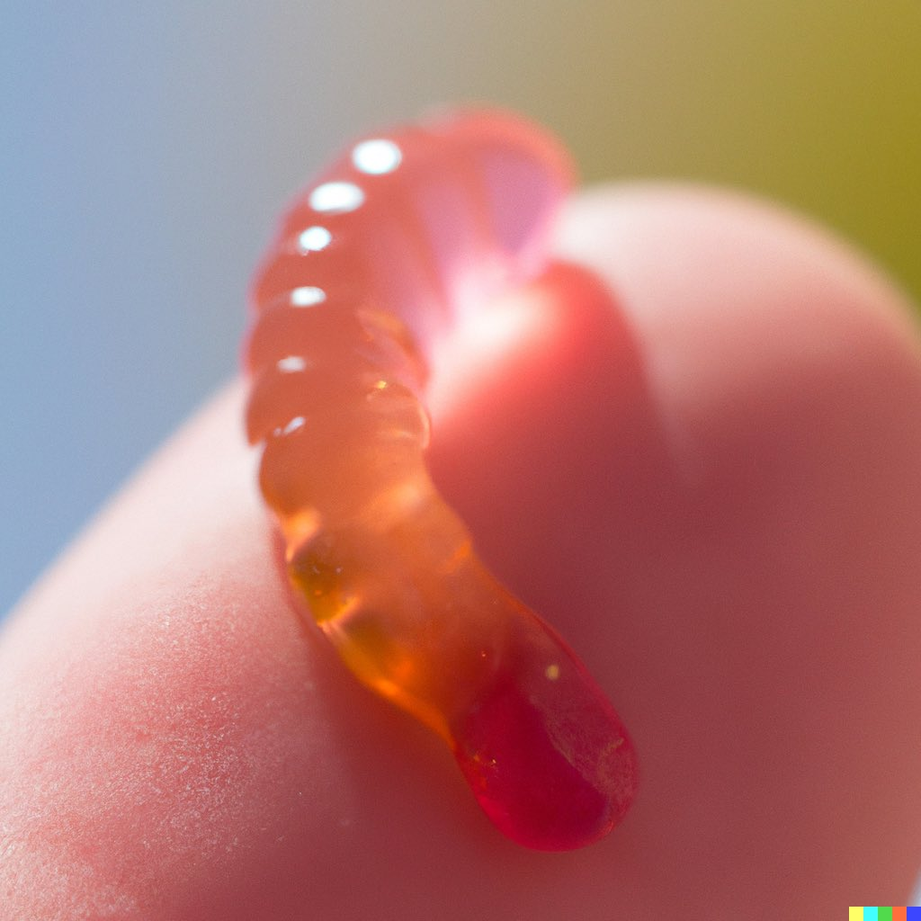 Detailed closeup realistic rendering of a human finger with a tiny gummy worm crawling on it with warm colors