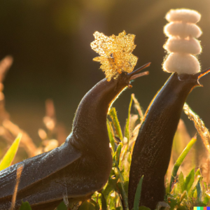 DALL-E 2 generated rendering of a macro photo of two slugs in the grass, one wearing a headdress of honeycomb and the other with stacked cottonballs on their head