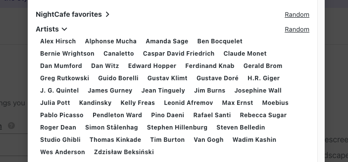 Screenshot from NightCafe with a list of artist names recommended as modifiers for art prompts