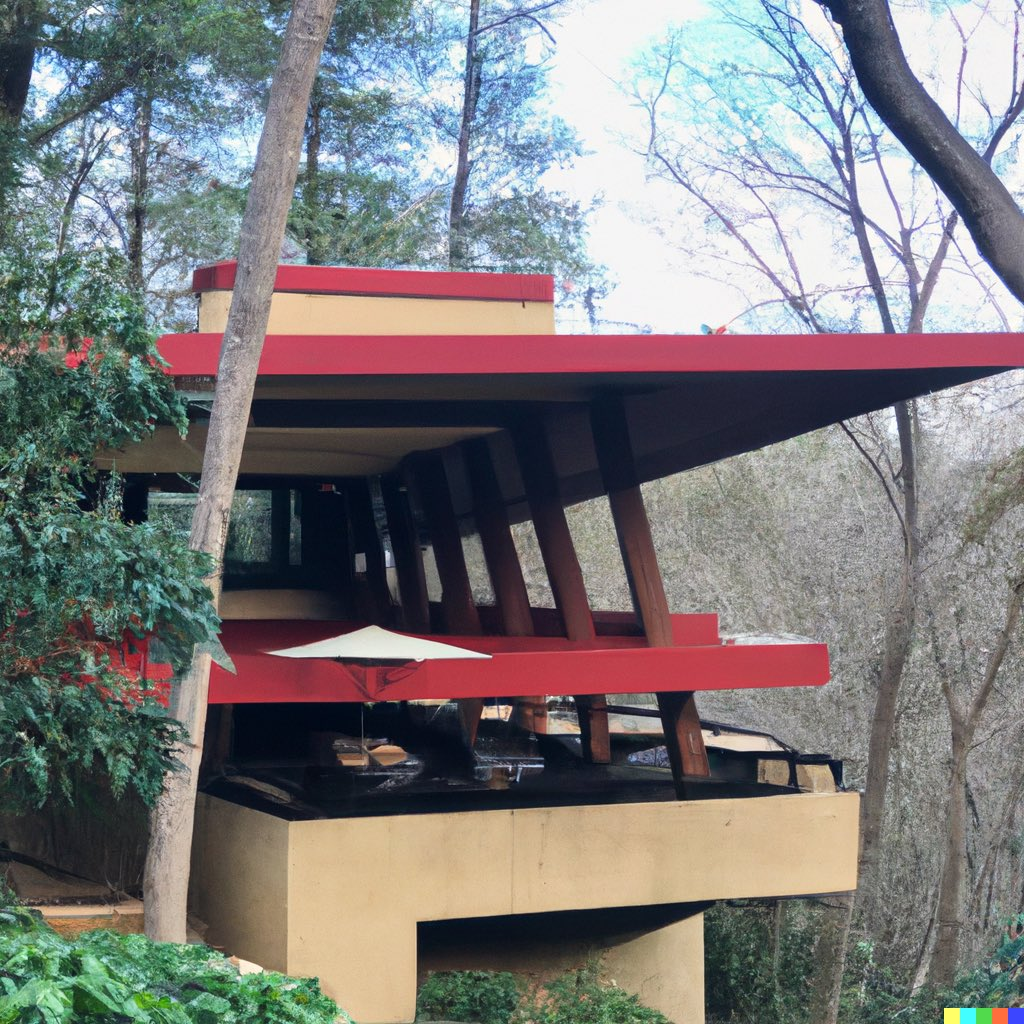 Bizarre rendering of a building with elements of both Pizza Hut and Frank Lloyd Wright's Fallingwater, in a forest setting