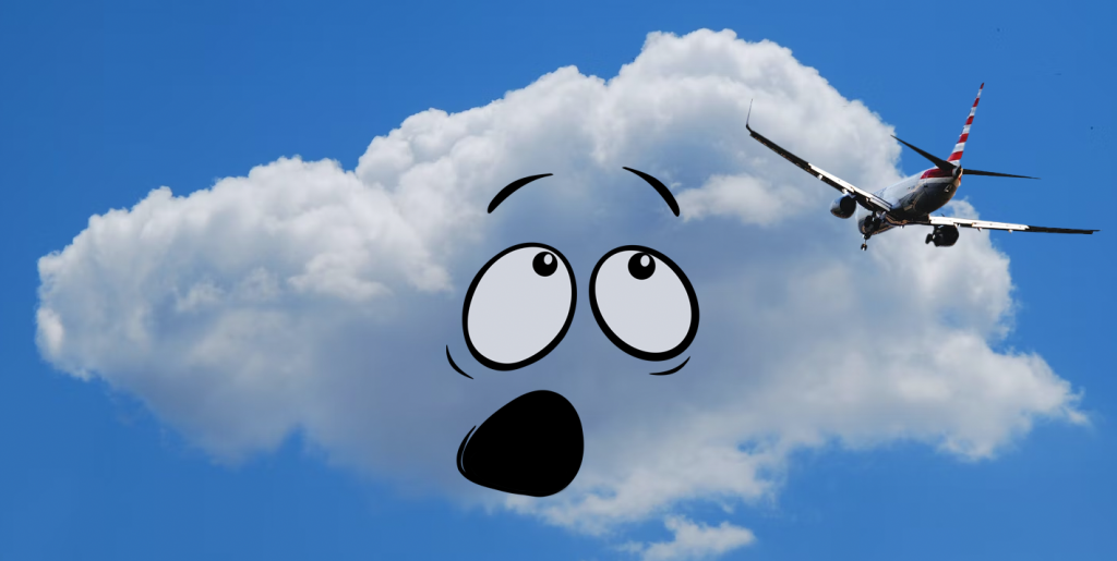 Photoillustration of an American Airlines jet headed towards a scared cartoon cloud