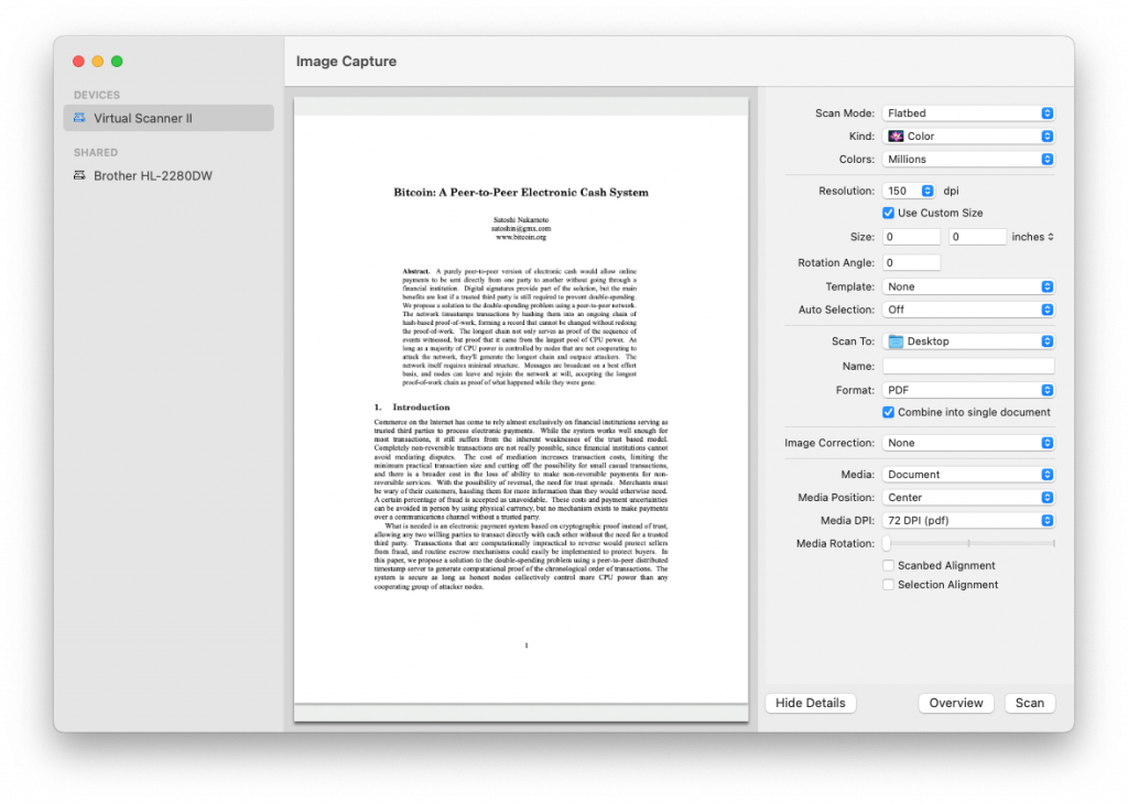 Screenshot of Image Capture utility with the Virtual Scanner II device selected, previewing the first page of the Bitcoin whitepaper