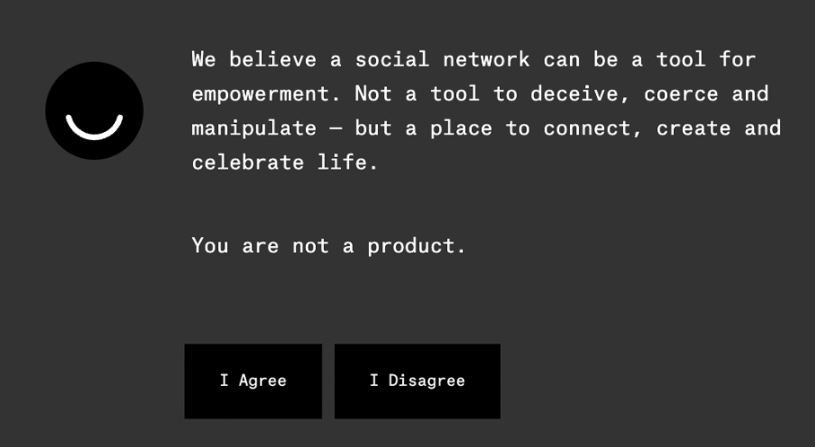 Screenshot of Ello's invite-only homepage with the manifesto, and two buttons: I Agree and I Disagree.