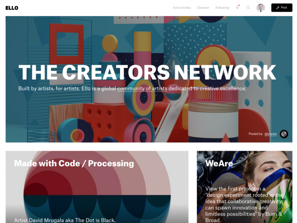 Screenshot of Ello homepage. "The Creators Network: Built by artists, for artists. Ello is a global community of artists dedicated to creative excellence."
