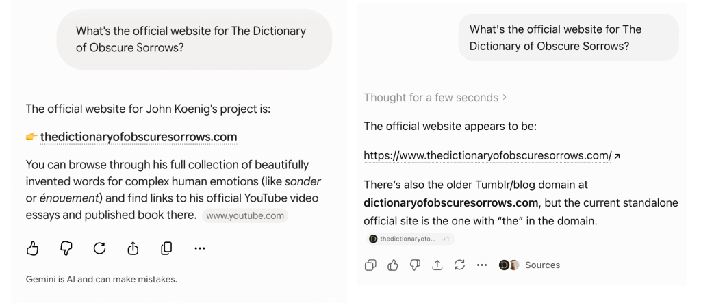 Side-by-side screenshot of Gemini and ChatGPT, asking each what the official website is for the project. Both respond that the official website is the bootleg website. ChatGPT goes on to say "John Koenig appears to have migrated the project from the older Tumblr-based site ... to the newer site with the 'the' prefix"